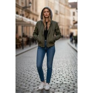 Y2K Hollister Olive Green Women's Medium  Hooded Bomber Jacket Bella